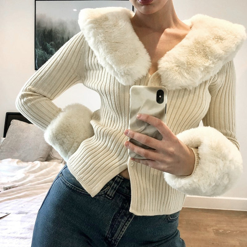 Winter Fluffy Faux Fur Knitted Top Coats and Jackets Oversized Button Up Long Sleeve Overcoats Warm Tops
