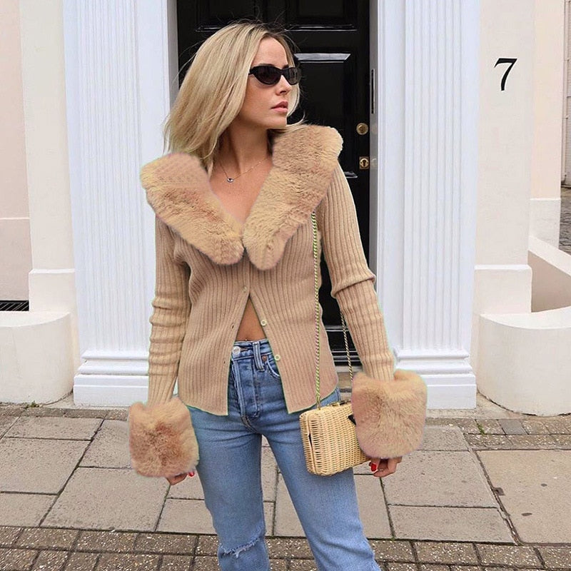 Winter Fluffy Faux Fur Knitted Top Coats and Jackets Oversized Button Up Long Sleeve Overcoats Warm Tops