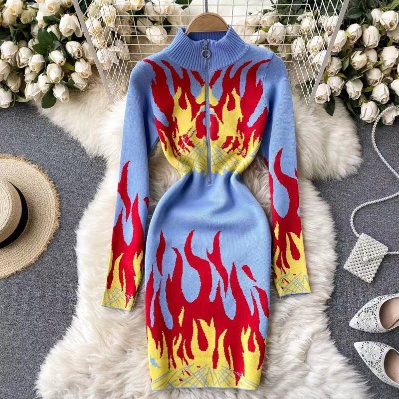 Women Knitted Sweater Dress Zipper Collar Long Sleeve Casual Dress