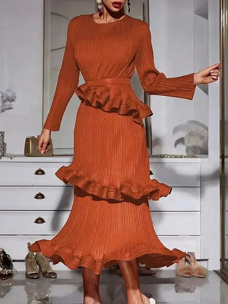 Pleated Spliced Ruffles Dress Women eprolo