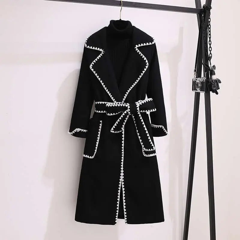 Oversized 4xl Fall Winter Woolen Long Coats Women's Lapel Slim Wool Blend Jackets With Belts Korean Elegant Thick Overcoats New eprolo