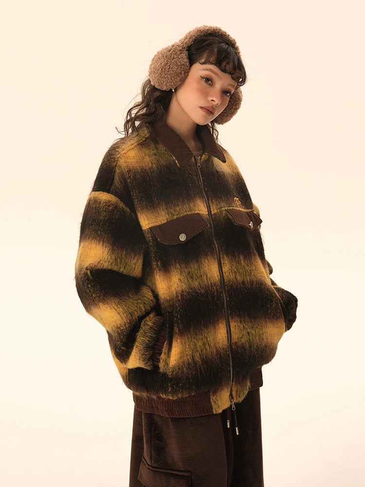 Fashion Women's Stripe Jackets Lapel Long Sleeves Zipper Patchwork Pockets Thick Warm Coats Winter New Tide