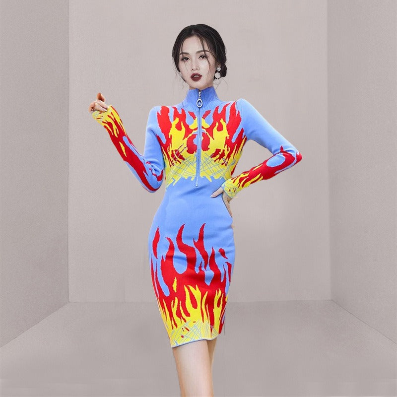 Women Knitted Sweater Dress Zipper Collar Long Sleeve Casual Dress