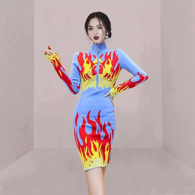 Women Knitted Sweater Dress Zipper Collar Long Sleeve Casual Dress eprolo