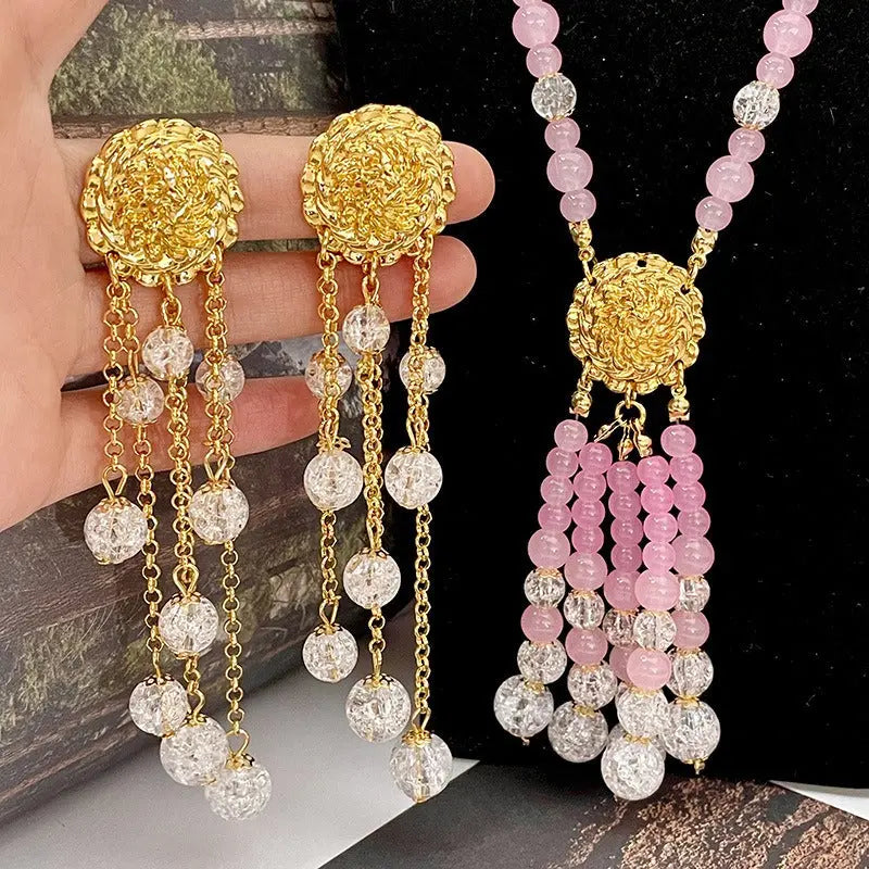 Retro pink ball bead tassel necklace crystal national style new Chinese sweater chain Hanfu cheongsam accessories eprolo