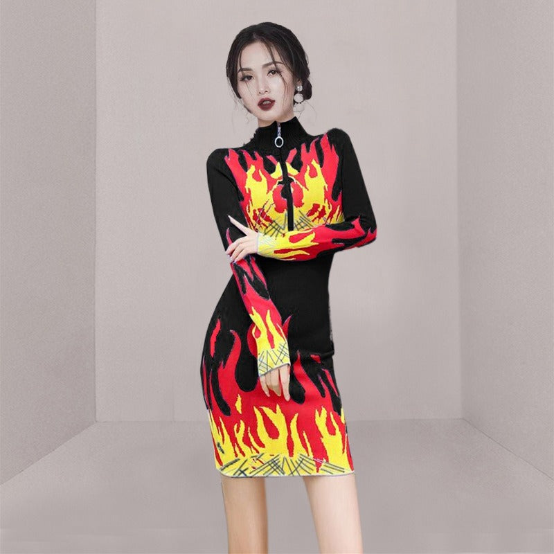 Women Knitted Sweater Dress Zipper Collar Long Sleeve Casual Dress