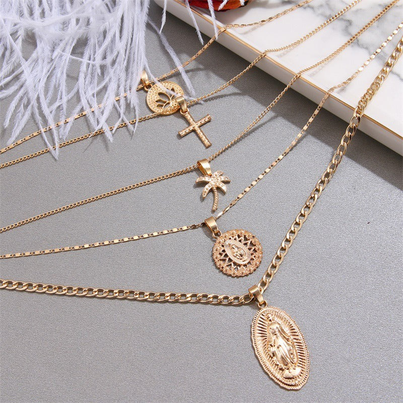 Retro Large Virgin Mary Pendant Necklace Women's Golden Lotus Cross Multi-layer Pendant Necklace