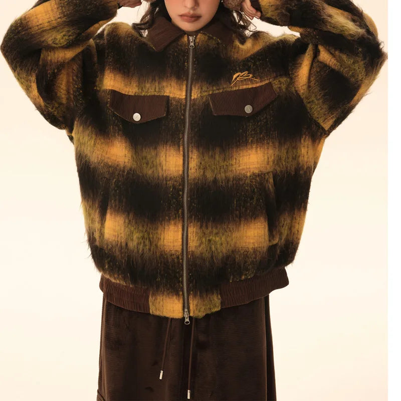 Fashion Women's Stripe Jackets Lapel Long Sleeves Zipper Patchwork Pockets Thick Warm Coats Winter New Tide