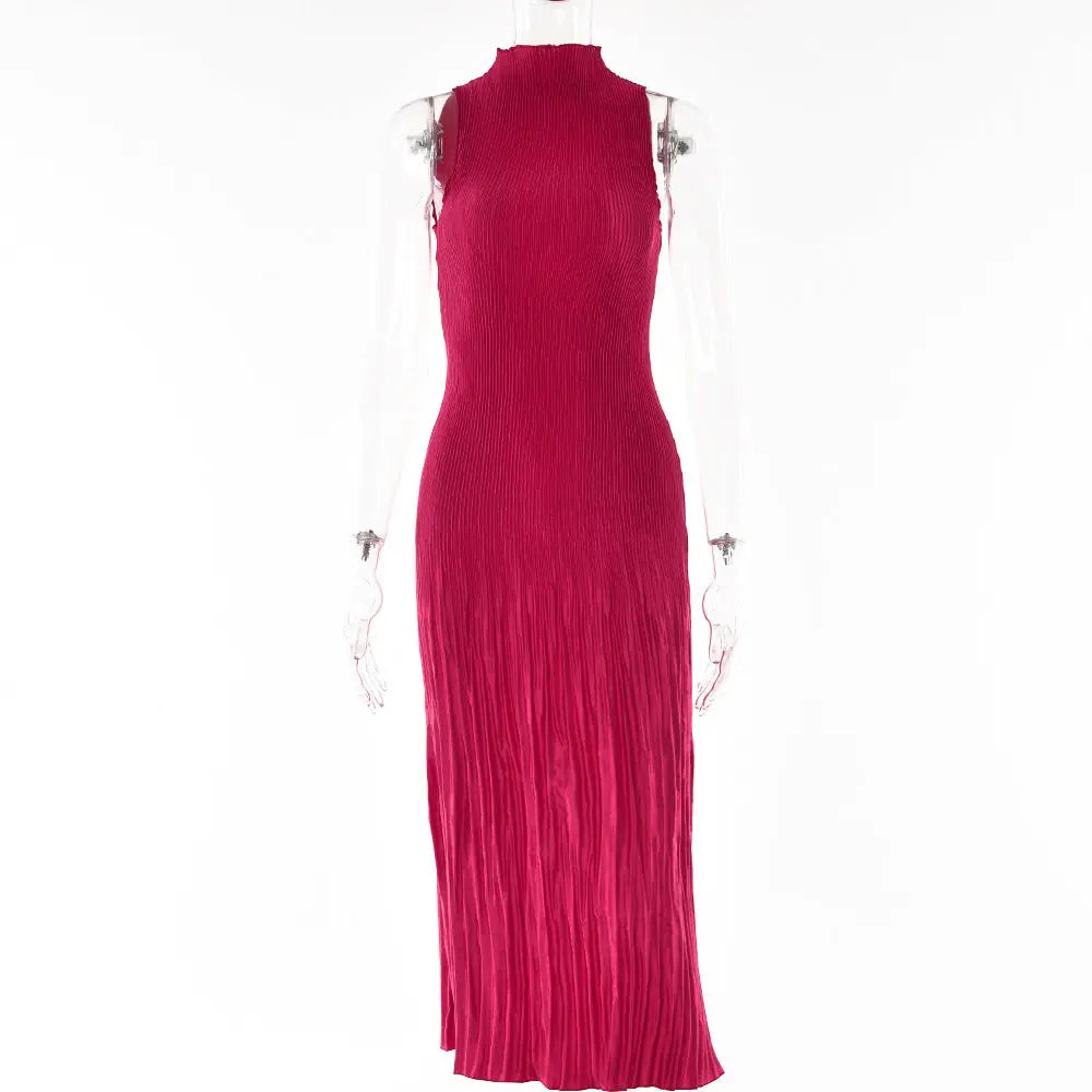 Women Pleated Dress Elegant Red Sleeveless Slim Party Dress eprolo