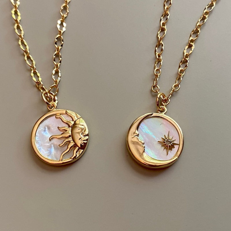 Vintage three-dimensional sun and moon round coin necklace mother-of-pearl pendant jewelry