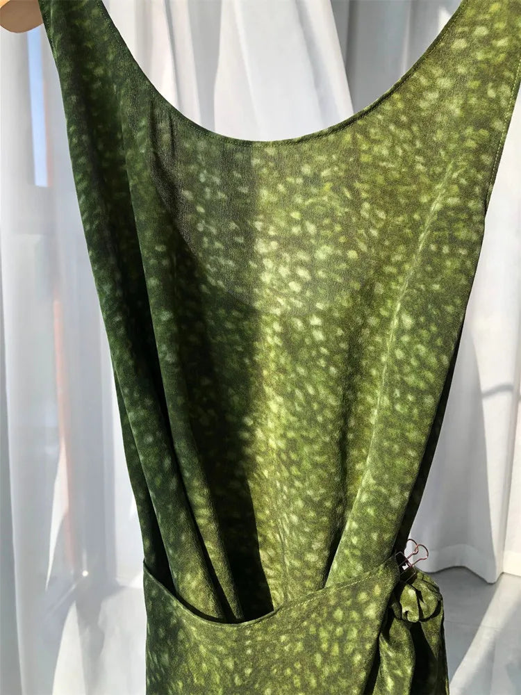 Women Spot Printing Tank Dress Spring Summer U Neck Sleeveless Lady Wrapped Maxi Robes