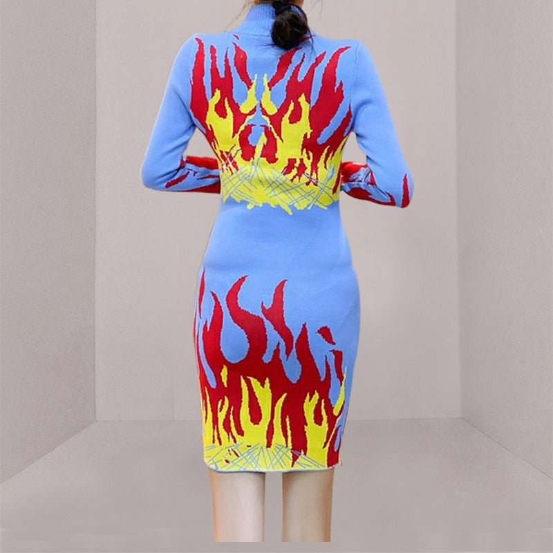 Women Knitted Sweater Dress Zipper Collar Long Sleeve Casual Dress