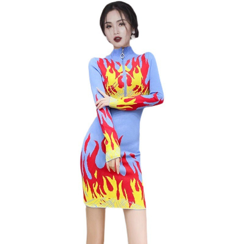 Women Knitted Sweater Dress Zipper Collar Long Sleeve Casual Dress