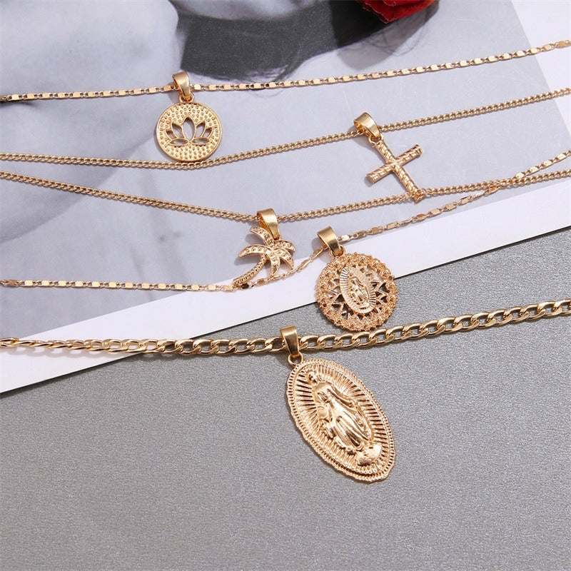 Retro Large Virgin Mary Pendant Necklace Women's Golden Lotus Cross Multi-layer Pendant Necklace