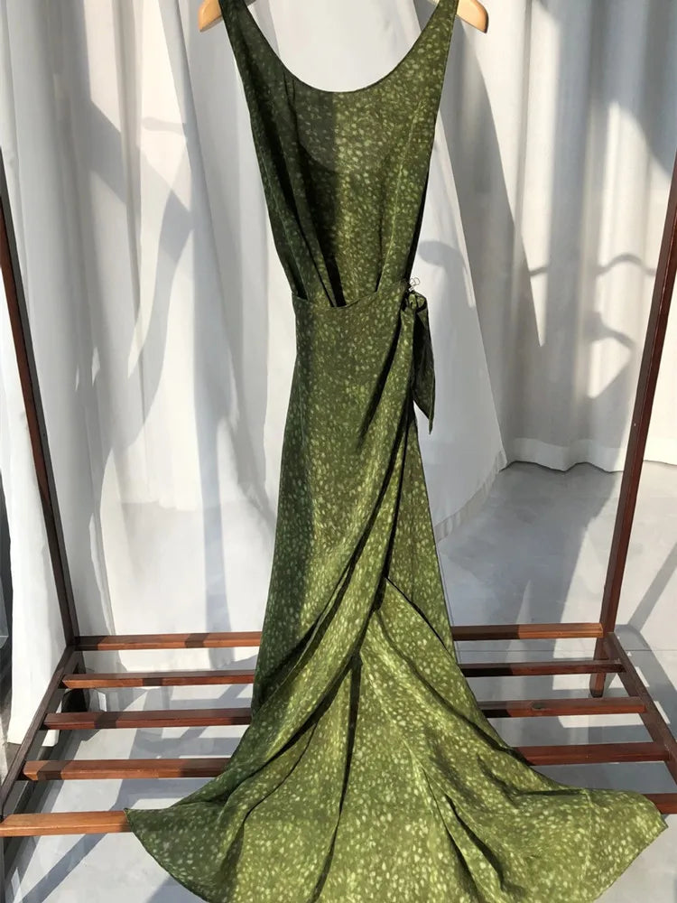 Women Spot Printing Tank Dress Spring Summer U Neck Sleeveless Lady Wrapped Maxi Robes