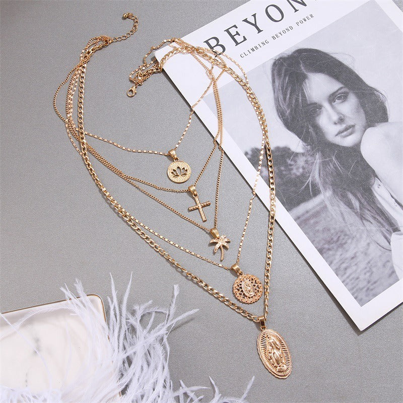 Retro Large Virgin Mary Pendant Necklace Women's Golden Lotus Cross Multi-layer Pendant Necklace