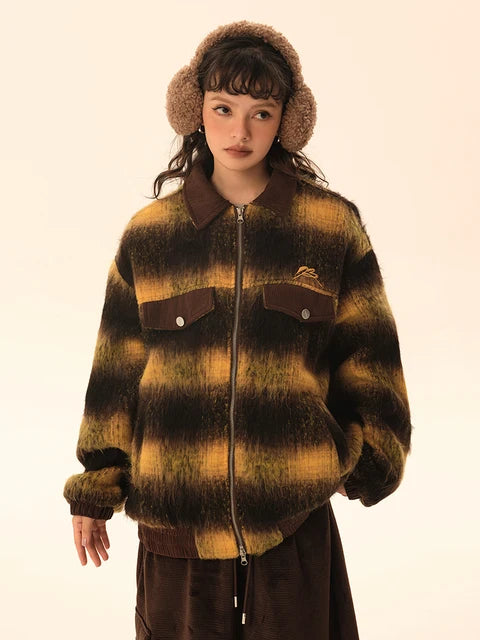 Fashion Women's Stripe Jackets Lapel Long Sleeves Zipper Patchwork Pockets Thick Warm Coats Winter New Tide