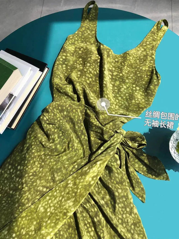 Women Spot Printing Tank Dress Spring Summer U Neck Sleeveless Lady Wrapped Maxi Robes eprolo