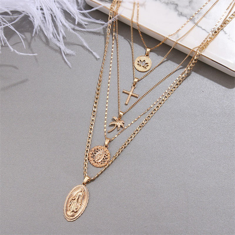 Retro Large Virgin Mary Pendant Necklace Women's Golden Lotus Cross Multi-layer Pendant Necklace