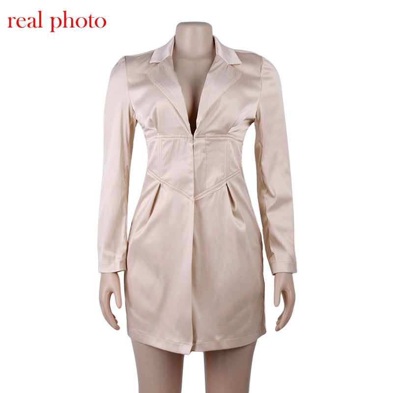 Deep V Neck Long Blazers Coats And Jackets Women Turn-Down Collar Long Sleeve Covered Button Coats Blazers Dresses
