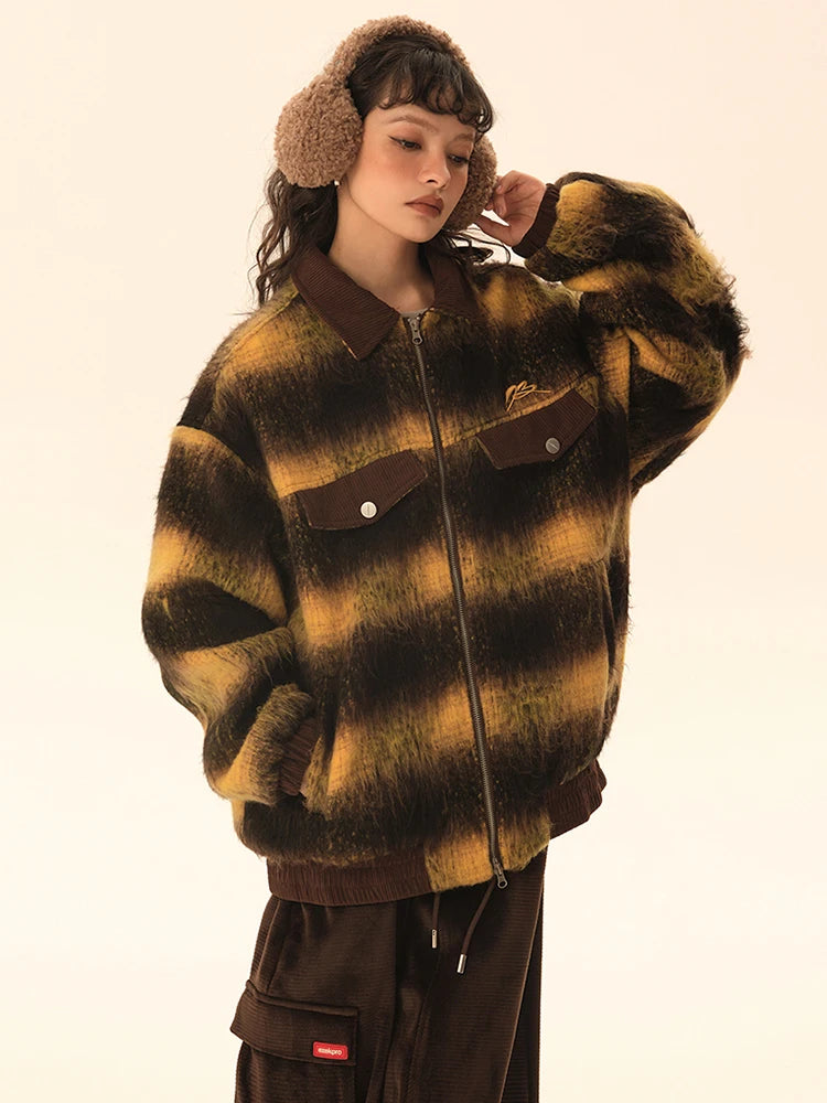 Fashion Women's Stripe Jackets Lapel Long Sleeves Zipper Patchwork Pockets Thick Warm Coats Winter New Tide
