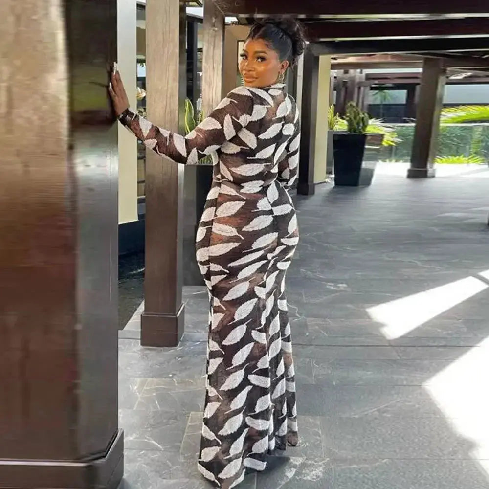 Leaf Print Long Sleeve Mermaid Maxi Dress