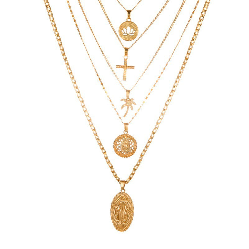 Retro Large Virgin Mary Pendant Necklace Women's Golden Lotus Cross Multi-layer Pendant Necklace