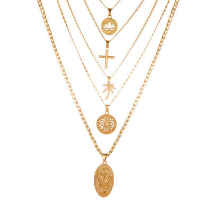 Retro Large Virgin Mary Pendant Necklace Women's Golden Lotus Cross Multi-layer Pendant Necklace