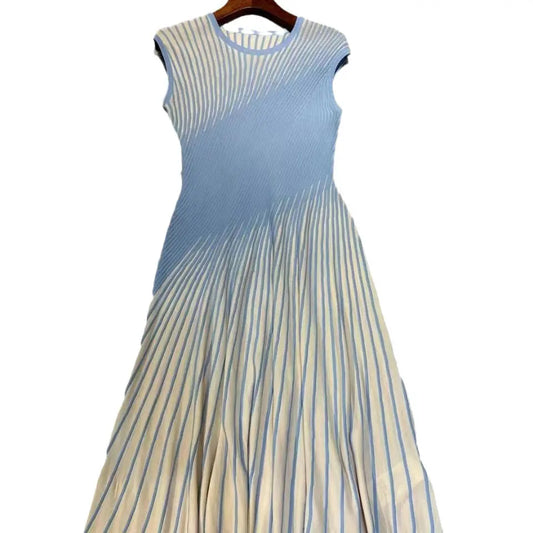 Knitted Striped Jacquard Pleated A-Line Dress