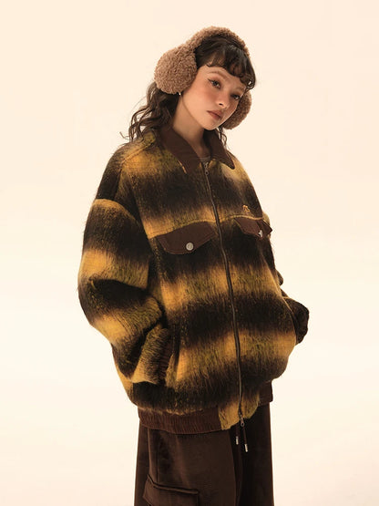 Fashion Women's Stripe Jackets Lapel Long Sleeves Zipper Patchwork Pockets Thick Warm Coats Winter New Tide