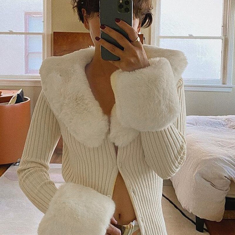 Winter Fluffy Faux Fur Knitted Top Coats and Jackets Oversized Button Up Long Sleeve Overcoats Warm Tops