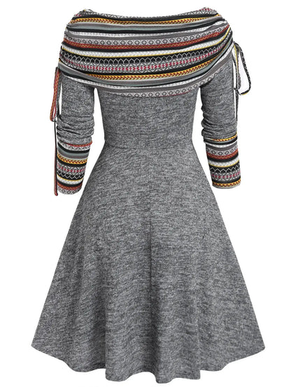 Convertible Neck Striped Flare A-Line Midi Dress