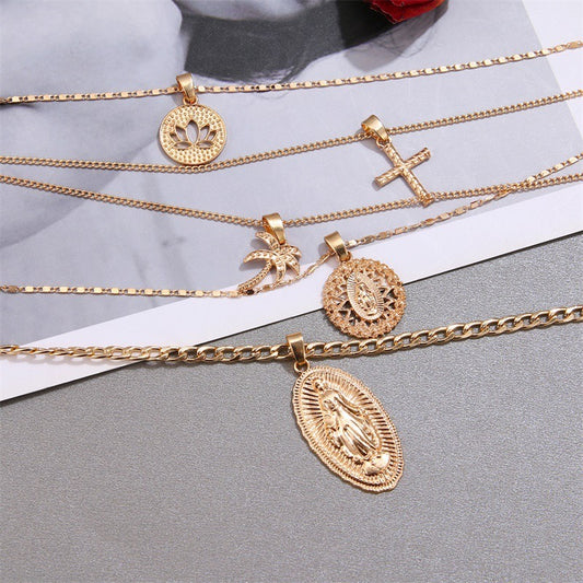 Retro Large Virgin Mary Pendant Necklace Women's Golden Lotus Cross Multi-layer Pendant Necklace