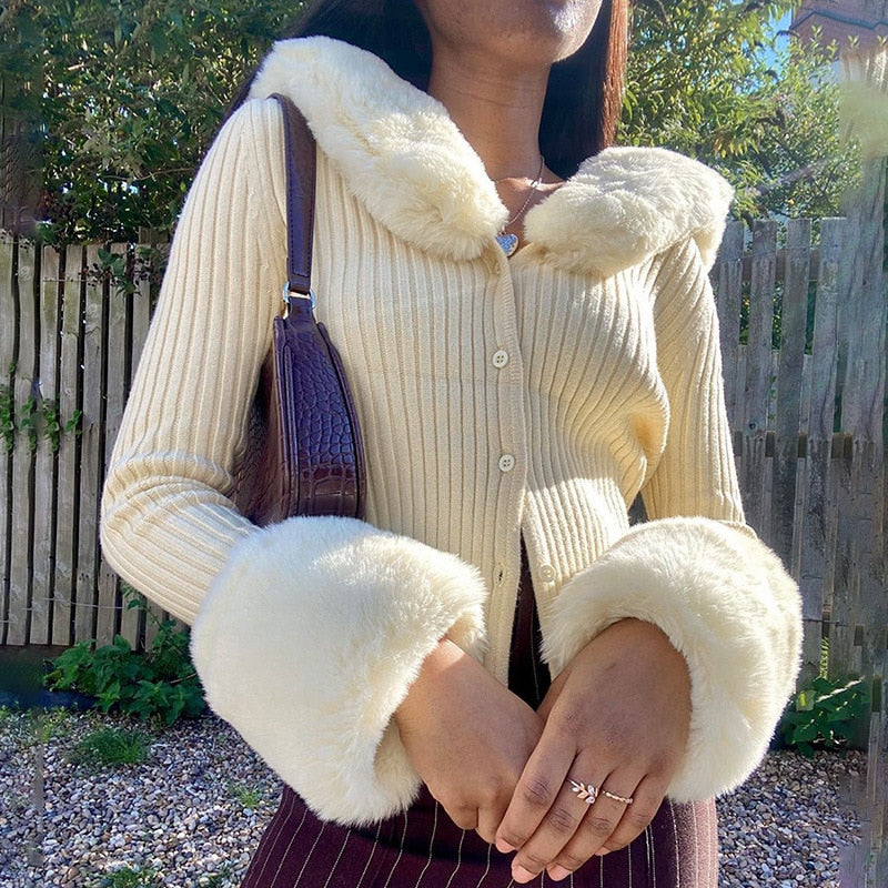 Winter Fluffy Faux Fur Knitted Top Coats and Jackets Oversized Button Up Long Sleeve Overcoats Warm Tops