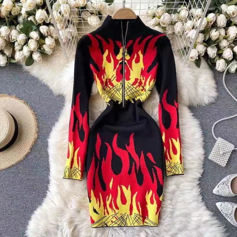 Women Knitted Sweater Dress Zipper Collar Long Sleeve Casual Dress