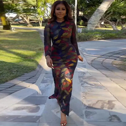 Leaf Print Long Sleeve Mermaid Maxi Dress