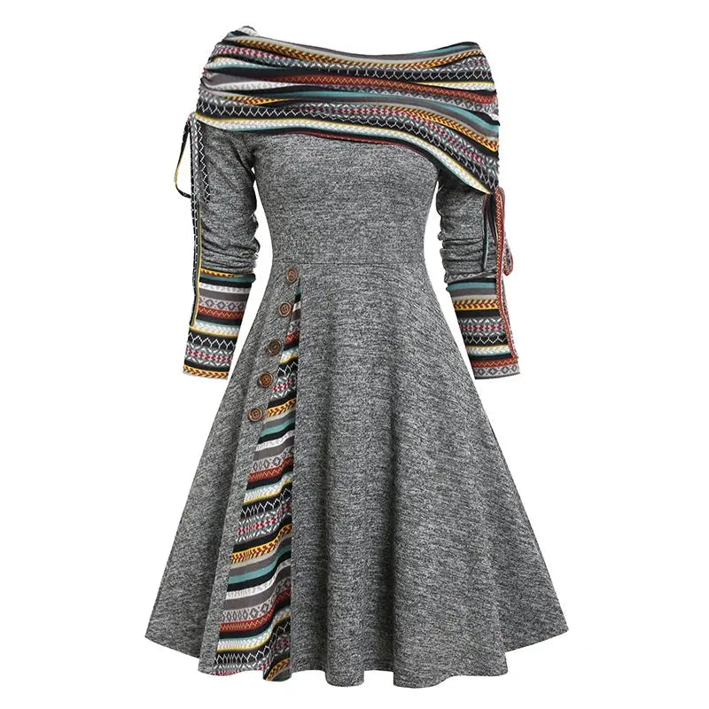 Convertible Neck Striped Flare A-Line Midi Dress