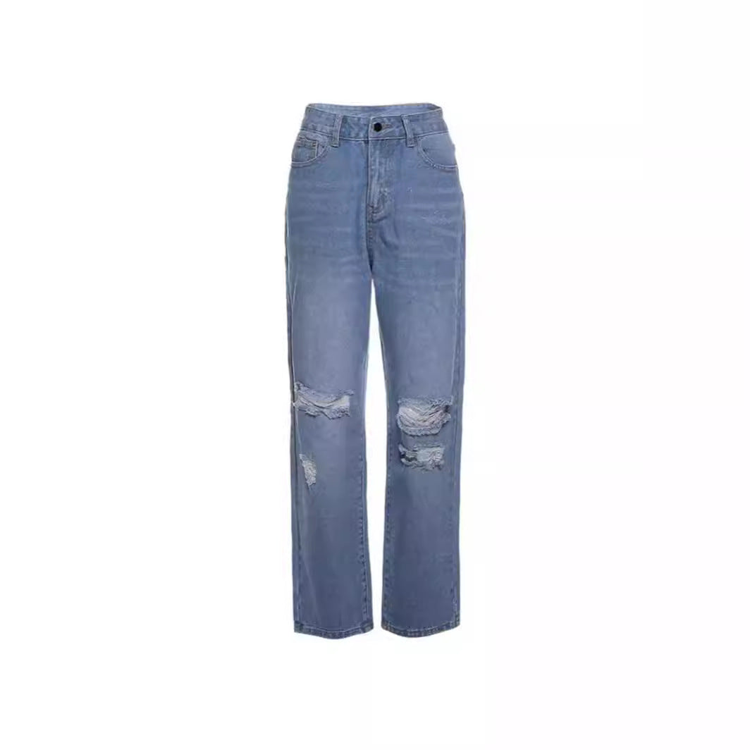 High-Waist Ripped Straight Leg Jeans
