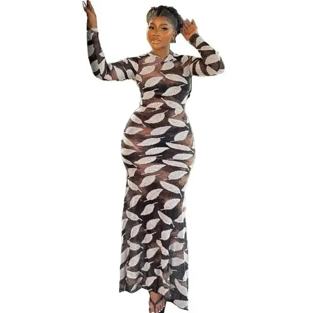 Leaf Print Long Sleeve Mermaid Maxi Dress