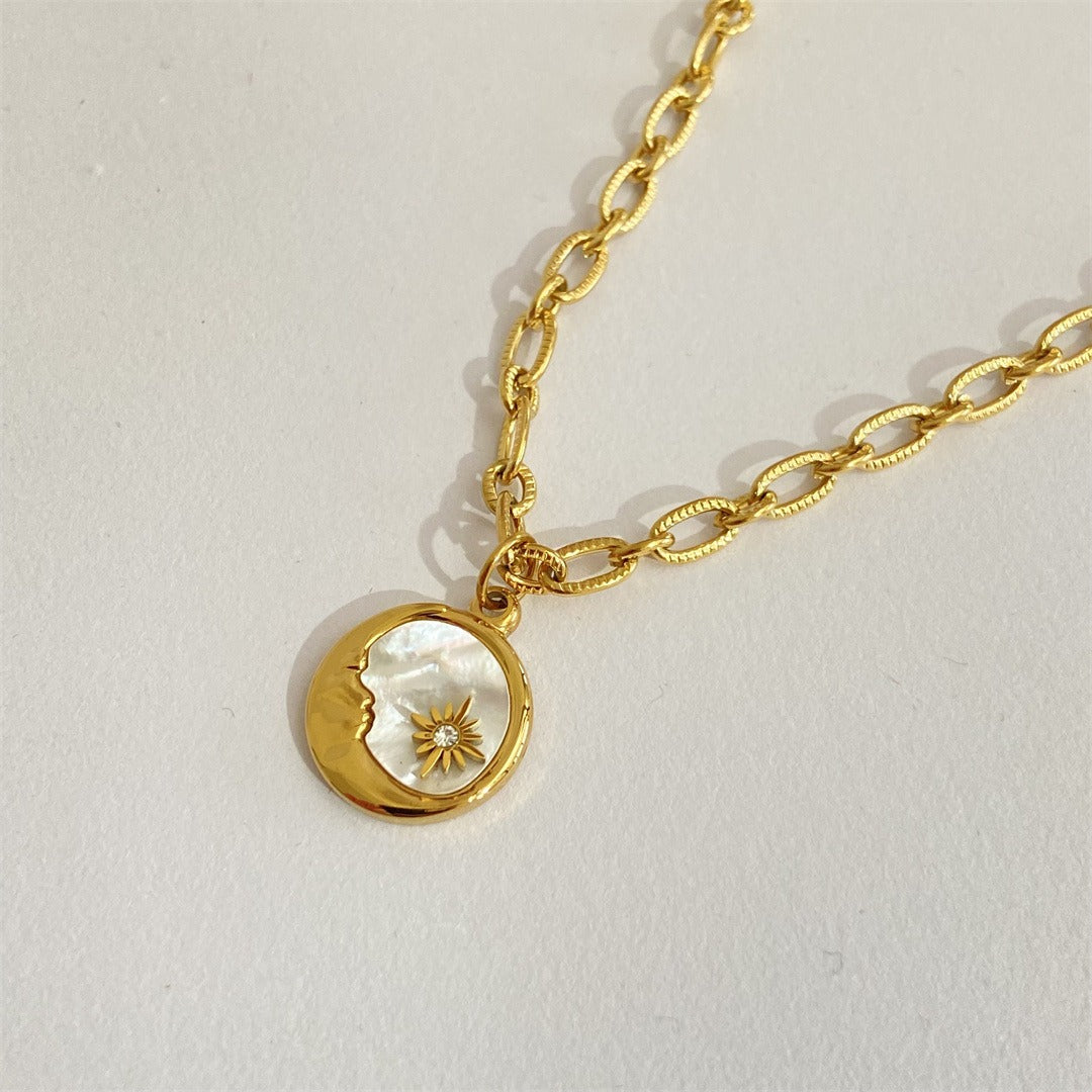 Vintage three-dimensional sun and moon round coin necklace mother-of-pearl pendant jewelry