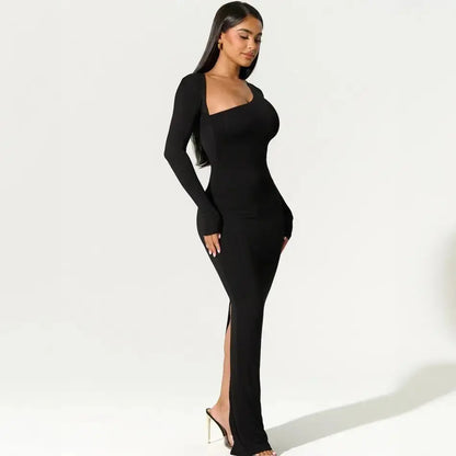 Asymmetrical Long Sleeve Slit Maxi Dress