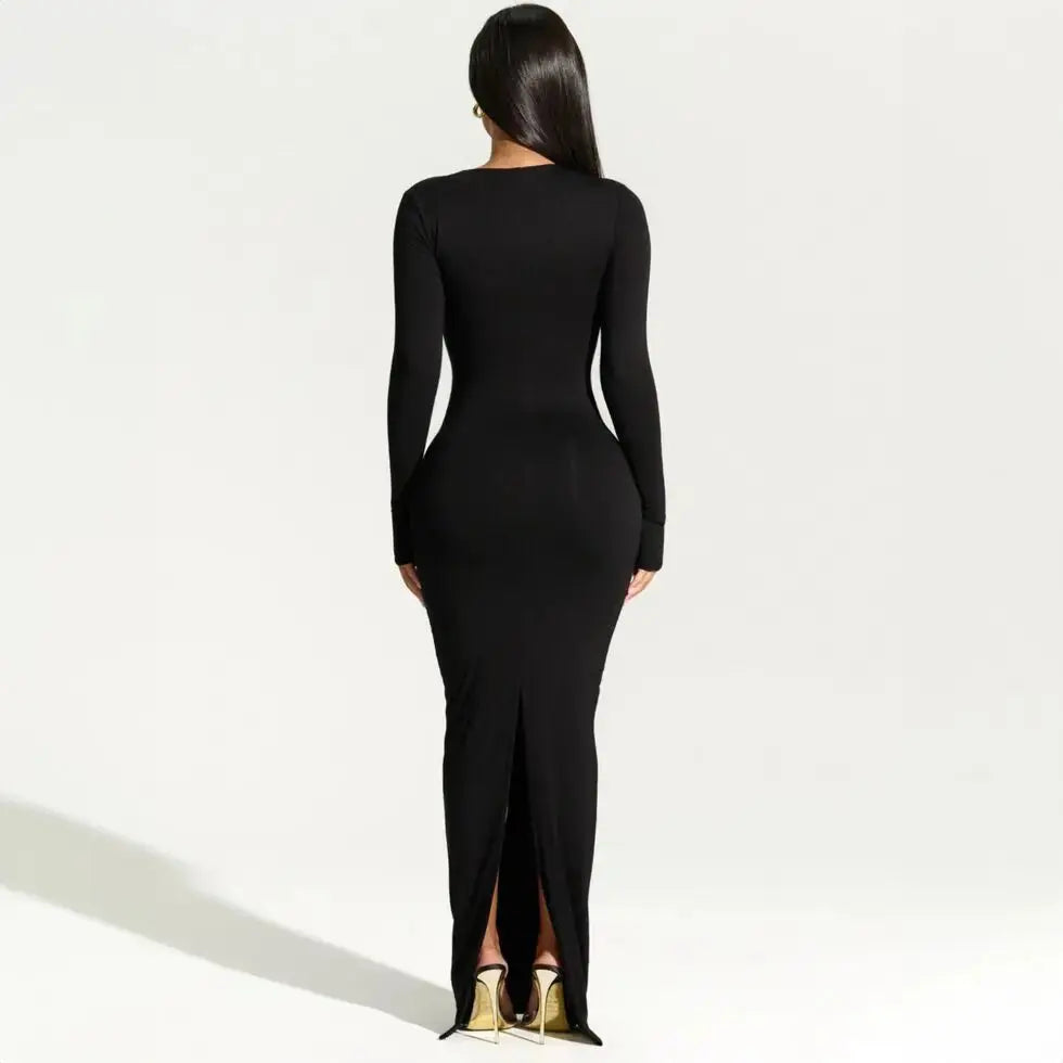 Asymmetrical Long Sleeve Slit Maxi Dress