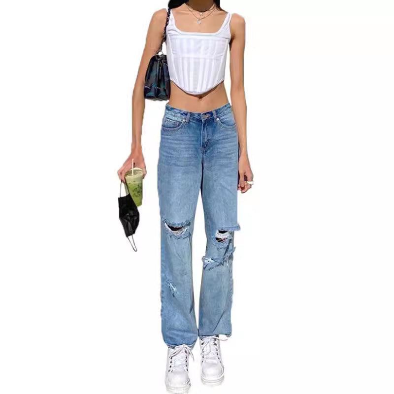 High-Waist Ripped Straight Leg Jeans