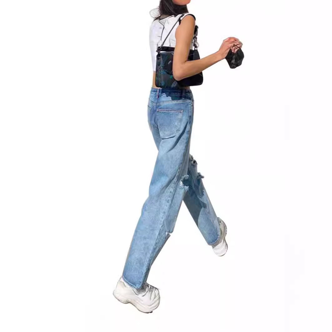High-Waist Ripped Straight Leg Jeans