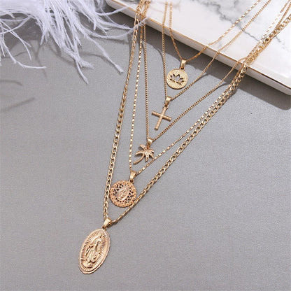 Retro Large Virgin Mary Pendant Necklace Women's Golden Lotus Cross Multi-layer Pendant Necklace