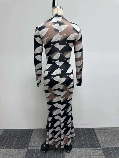 Leaf Print Long Sleeve Mermaid Maxi Dress