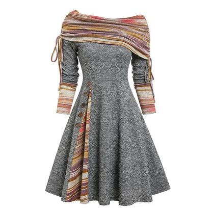 Convertible Neck Striped Flare A-Line Midi Dress