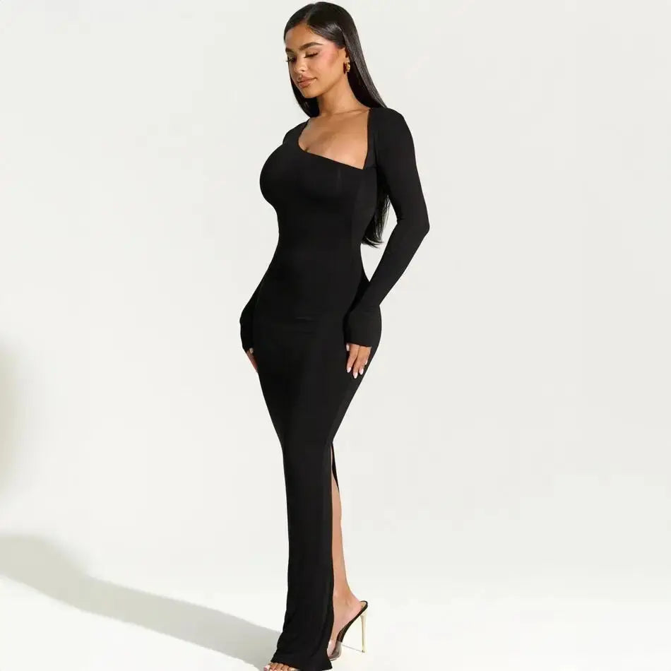 Asymmetrical Long Sleeve Slit Maxi Dress