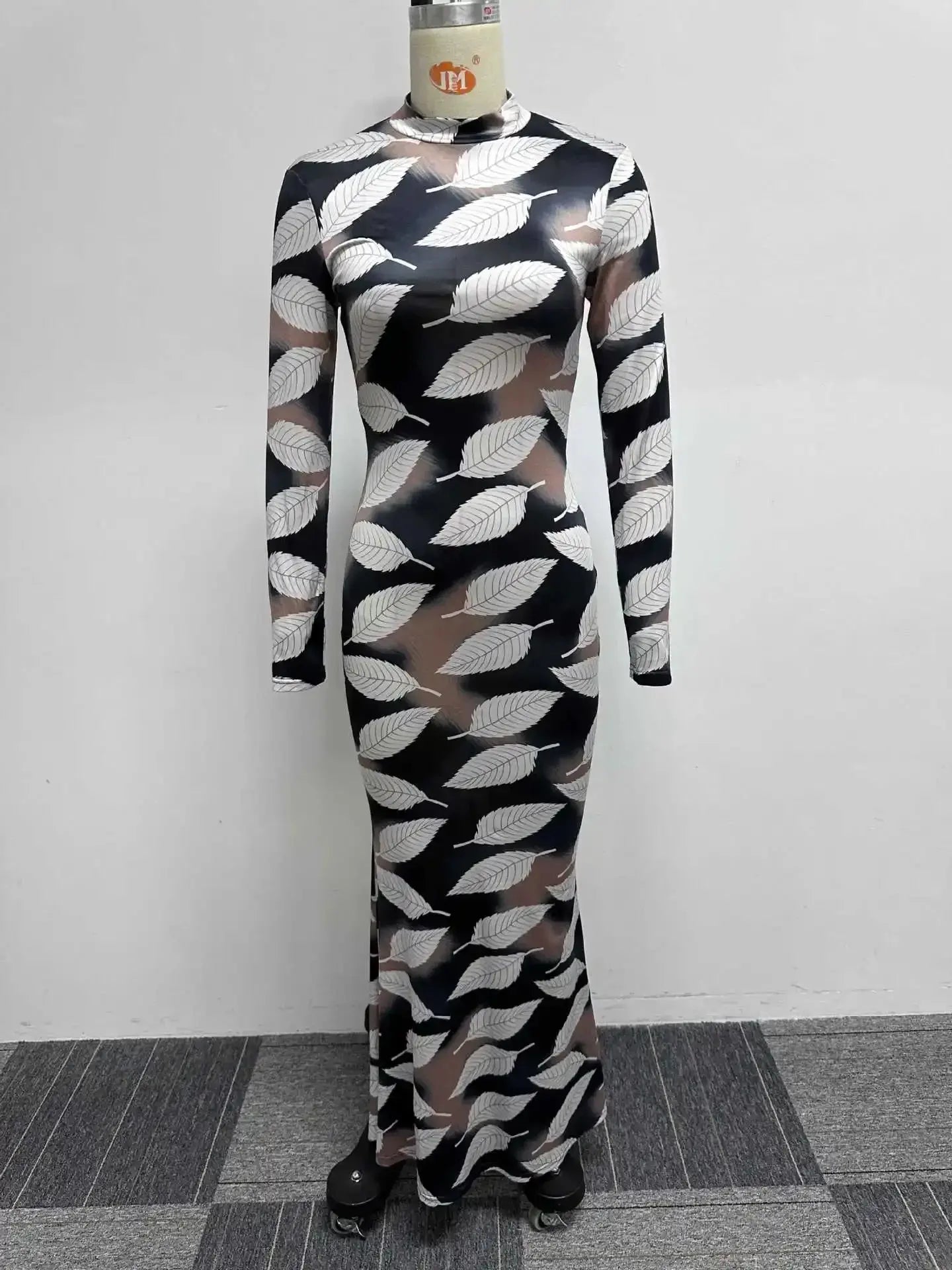 Leaf Print Long Sleeve Mermaid Maxi Dress